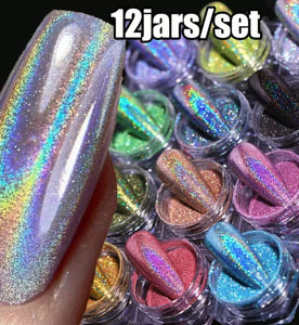 12Jars/set Holographic Glitter Nail Fine Powder 0.05mm Super Shinying