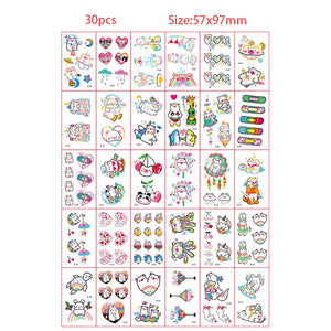 30pcs Temporary Tattoos for Children Unicorn Mermaid Car Fruit Cartoon