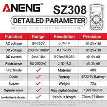 ANENG SZ308 Square Wave Digital Tester 1999 Counts HFE Triode Buzzer