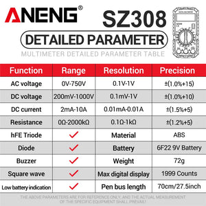 ANENG SZ308 Square Wave Digital Tester 1999 Counts HFE Triode Buzzer
