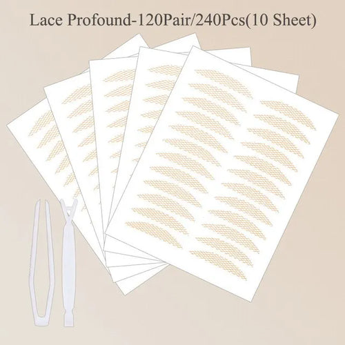 240Pcs Double Fold Eyelid Tape Sticker Lace Nature Clear Beige Stripe