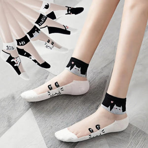 5Pairs Black and white cat women's socks, glass fiber breathable sweat