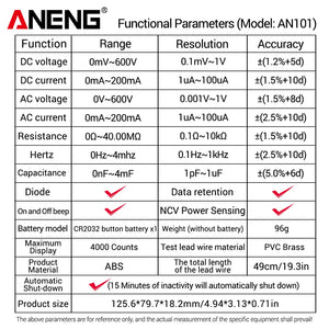 ANENG AN101 1999 Counts Mini Professional Digital Multimeter AC/DC