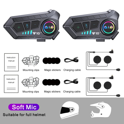 2PCS Y10 2x Motorcycle Intercom Headset Helmet BT 5.3 For 2 Riders