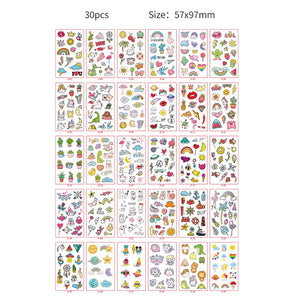30pcs Temporary Tattoos for Children Unicorn Mermaid Car Fruit Cartoon