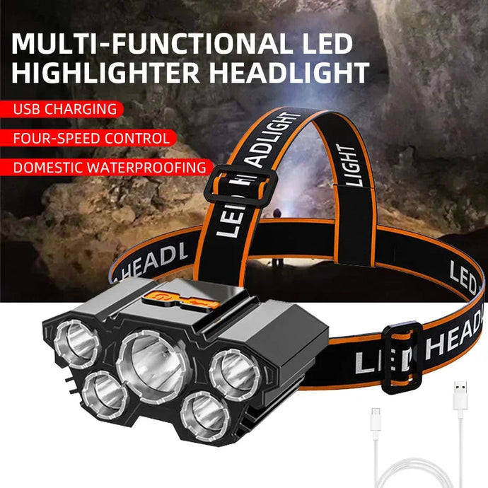 5 LED Headlamp Rechargeable with Built in 18650 Battery Strong Light