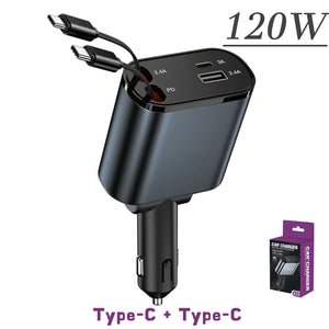 120/66w 4 IN 1 Retractable Car Charger Mobile Phone USB PD Type C