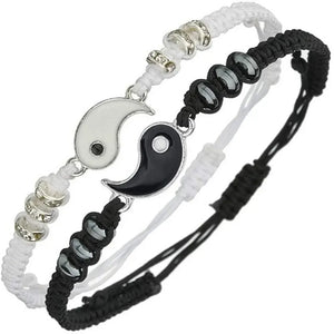 2 PC Jewelry Set Couple Black White Tai Chi Bracelet Rope Adjustable