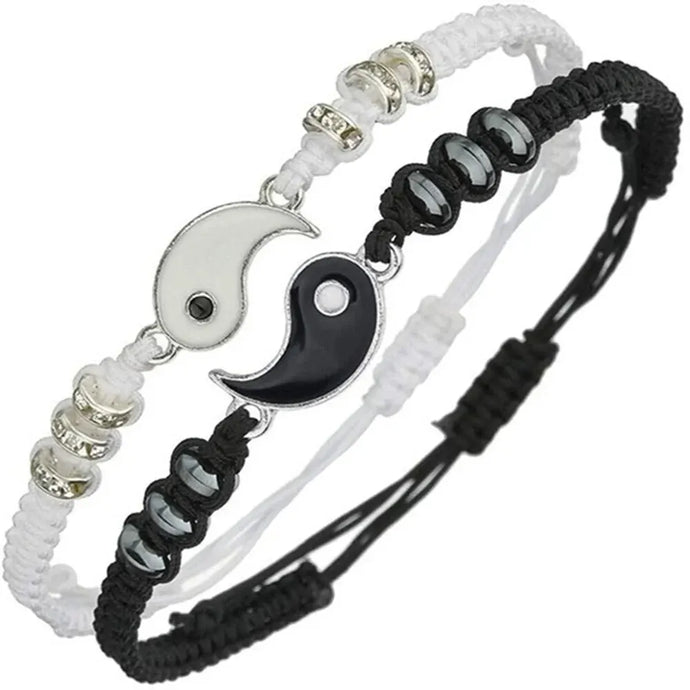 2 PC Jewelry Set Couple Black White Tai Chi Bracelet Rope Adjustable