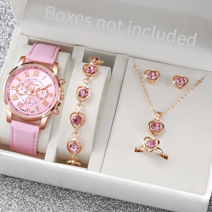 5PCS/Set Fashion Women Watch Rhinestone Heart Jewelry Set Geneva Watch