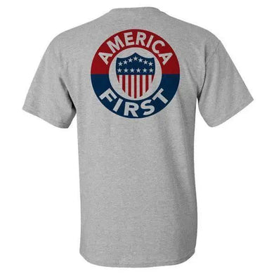 AMERICA FIRST! - ATHLETIC GREY T-SHIRT 100% MaDE iN USA S M L XL 2XL 3XL 4XL 5XL.