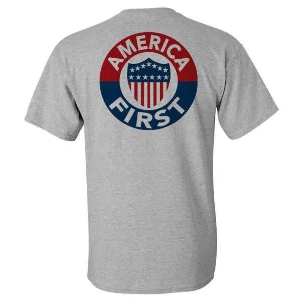 AMERICA FIRST! - ATHLETIC GREY T-SHIRT 100% MaDE iN USA S M L XL 2XL 3XL 4XL 5XL.