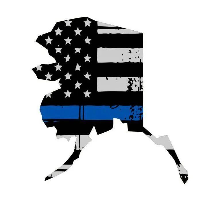 Thin Blue line decal - State of Alaska Thin Blue Line Grey tattered Flag Decal - Various Sizes.