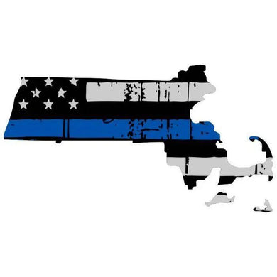 Thin Blue line decal - State of Massachusetts Thin Blue Line Grey tattered Flag Decal - Various Sizes.
