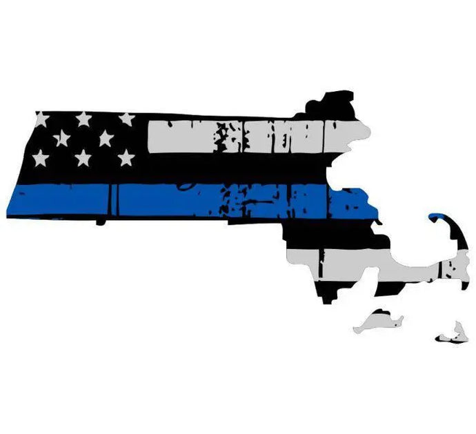 Thin Blue line decal - State of Massachusetts Thin Blue Line Grey tattered Flag Decal - Various Sizes.