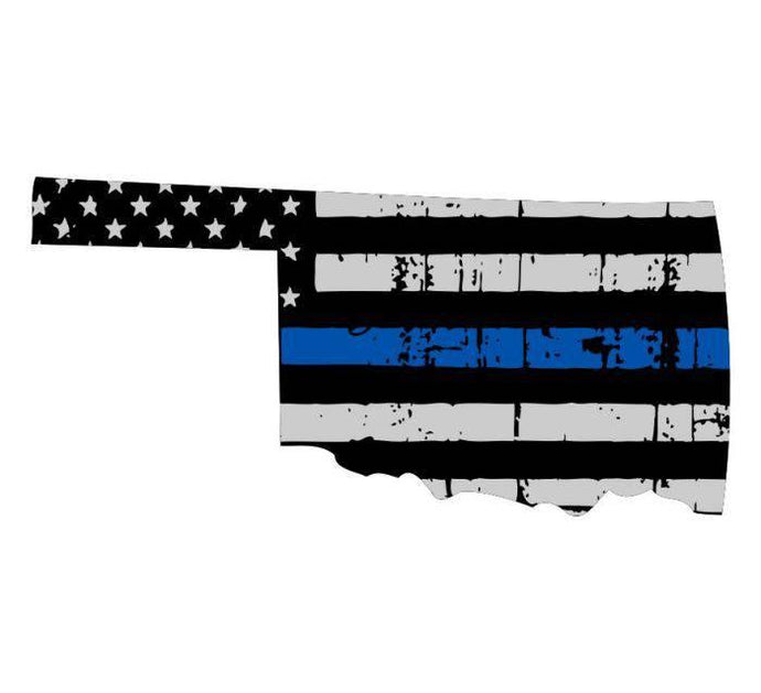 Thin Blue line decal - State of Oklahoma Thin Blue Line Grey Tattered Flag - Various Sizes - BuckUp Tactical