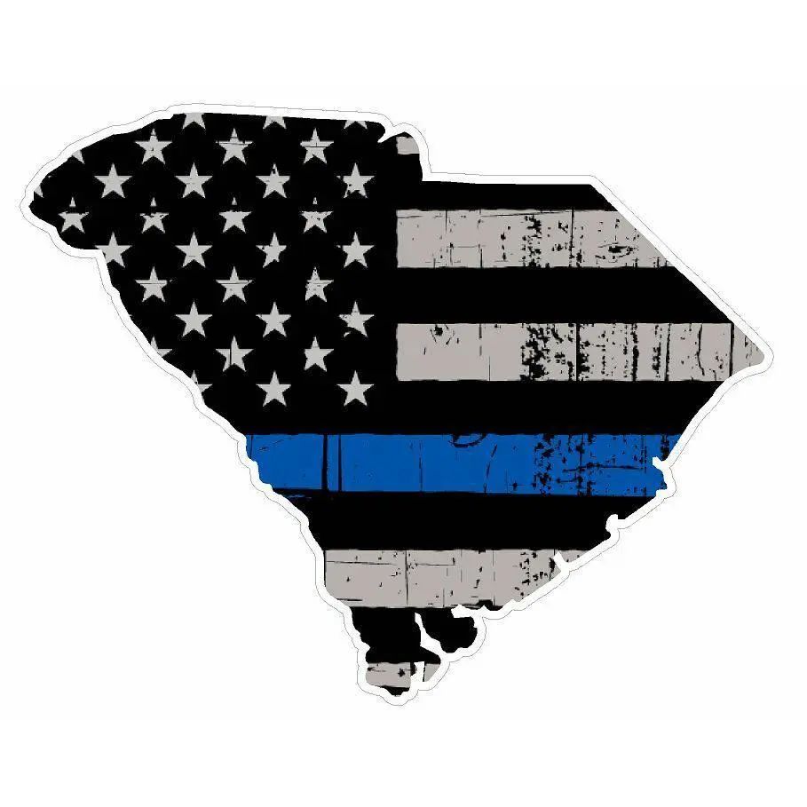 Thin Blue line decal - State of South Carolina Grey Tattered Flag Decal - Various Sizes.