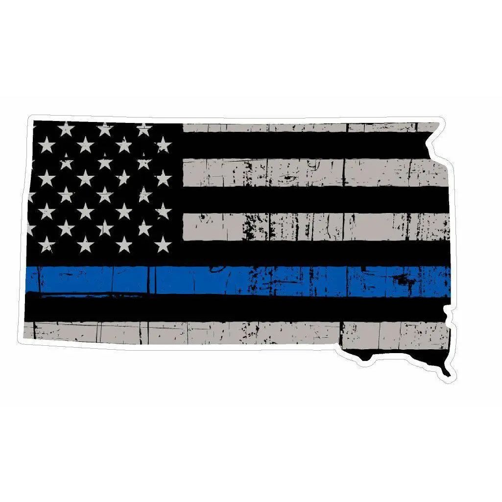 Thin Blue line decal - State of South Dakota Grey Tattered Flag Decal - Various Sizes.