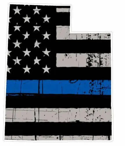 Thin Blue line decal - State of Utah Grey Tattered Flag Decal - Various Sizes.