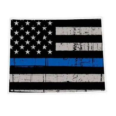 Thin Blue line decal - State of Wyoming Grey Tattered Flag - Various Sizes.