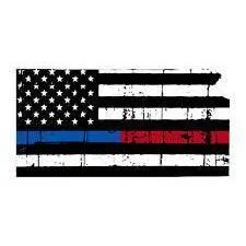 Thin Blue Red line decal - State of Kansas tattered Flag Decal - Various Sizes.