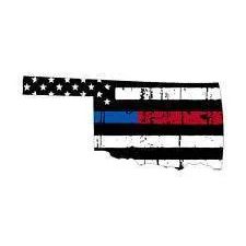 Thin Blue Red line decal - State of Oklahoma tattered Flag Decal - Various Sizes.