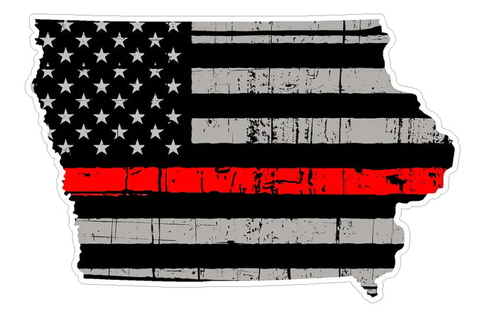 Thin Red line decal - State of Iowa Grey Tattered Flag - Various Sizes.