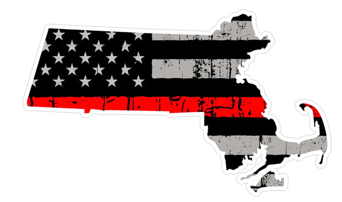 Thin Red line decal - State of Massachusetts Thin Red Line Grey tattered Flag Decal - Various Sizes.
