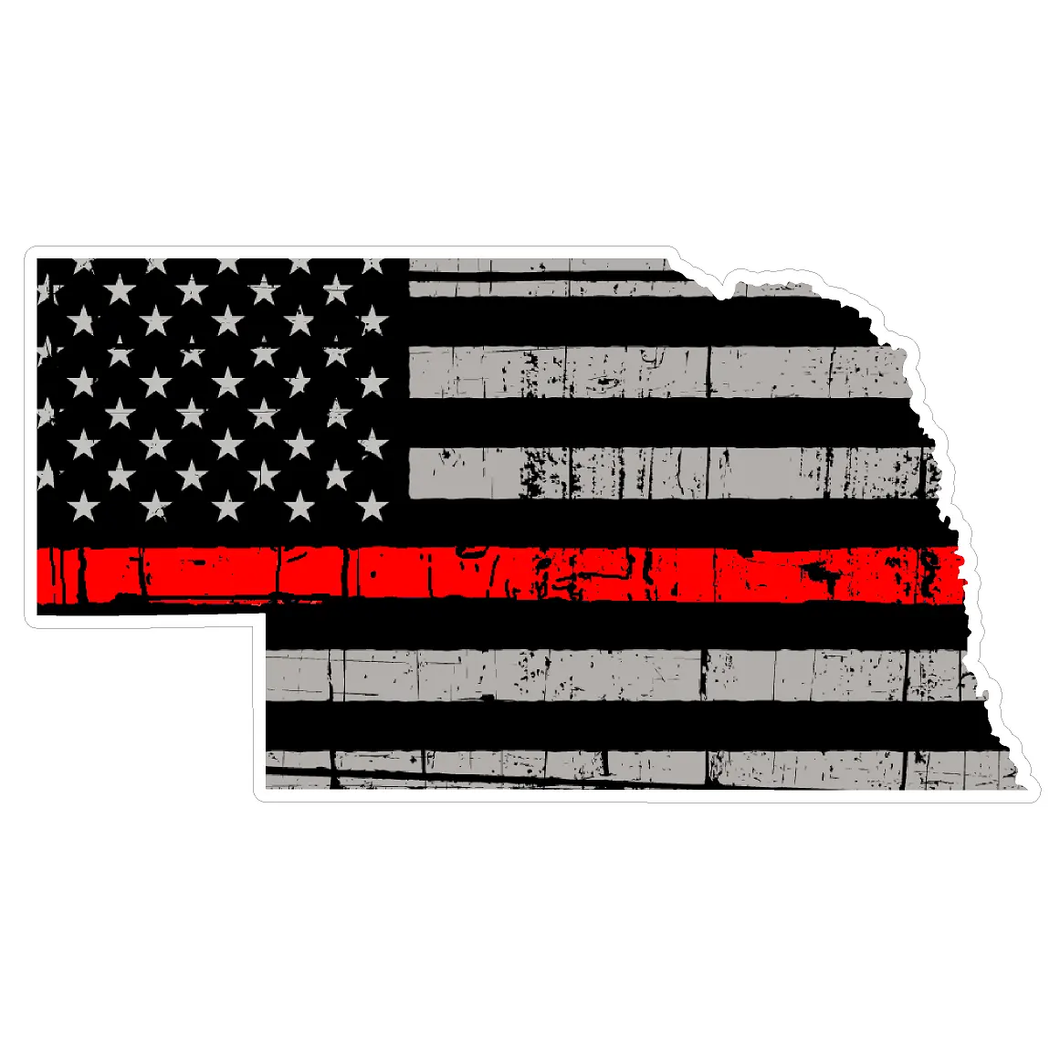 Thin Red line decal - State of Nebraska Grey Tattered Flag Decal - Various Sizes.